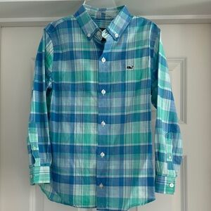 NWOT Vineyard Vines Boys Crystal Blue and Green Plaid Button-down Shirt Size 6